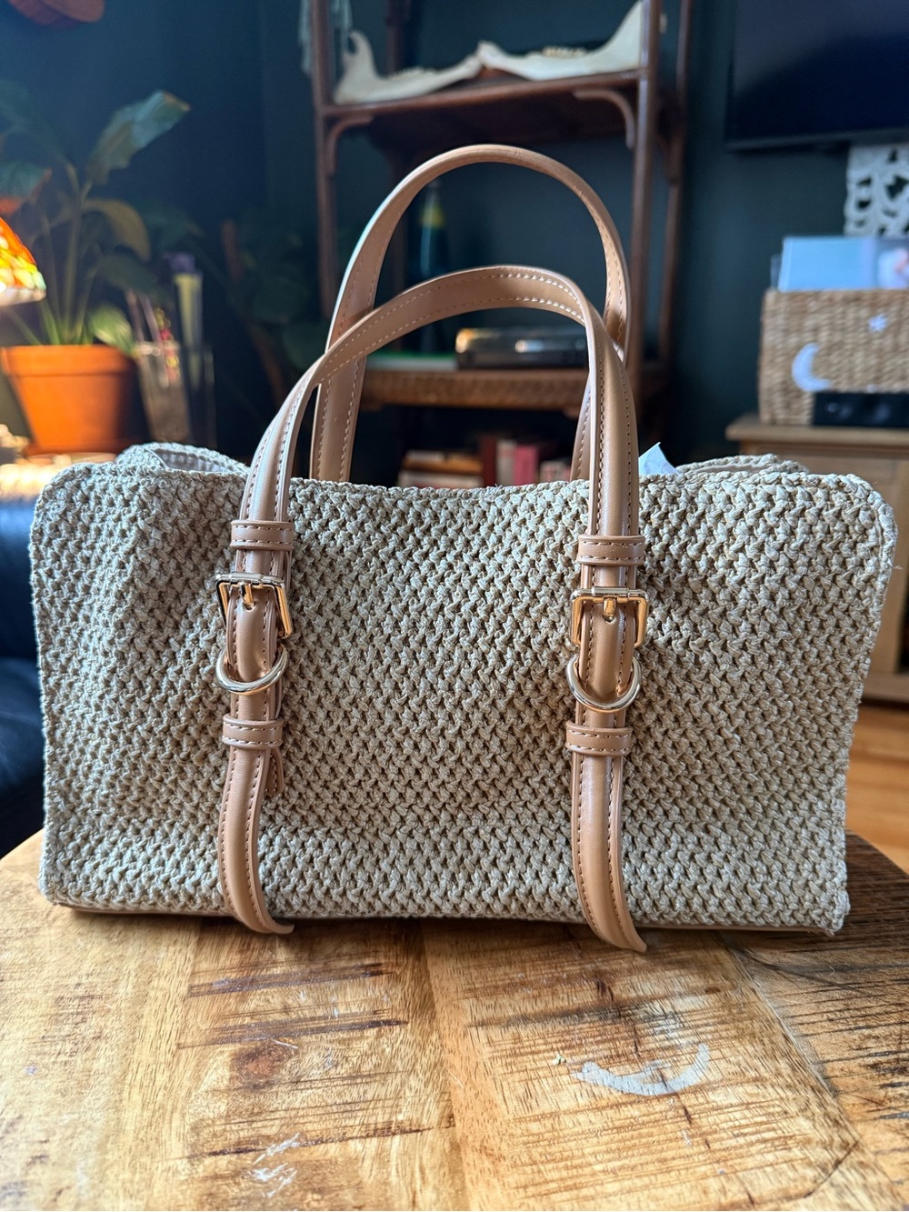 Rachel Zoe cream & tan woven straw tote bag - Picture 3 of 5
